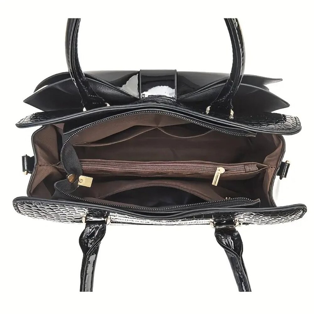 Black Crocodile Pattern Bow Handbag | Patent Faux Leather Purse w/ Strap - Picture 5 of 7